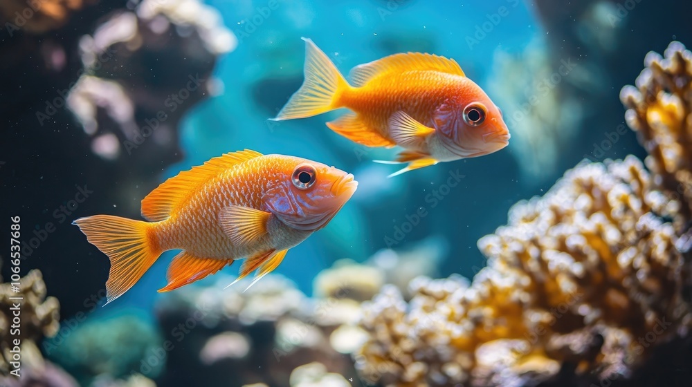 Close-up photo capturing two adorable red-orange tropical fish swimming gracefully in clear blue water, surrounded by vibrant hard corals on the reef, perfect for aquatic imagery. Close-up photo capturing two adorable red-orange tropical fish swimming gracefully in clear blue water, surrounded by vibrant hard corals on the reef, perfect for aquatic imagery.