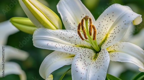 A macro shot of a white lily flower in sharp detail, showing intricate petals and a golden center