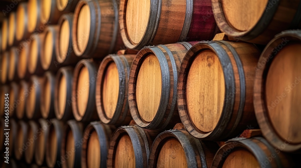 Wine barrels arranged in a traditional cellar atmosphere during dusk create a captivating scene. The stacked wine barrels add charm and character to the photo, with ample copy space. Wine barrels arranged in a traditional cellar atmosphere during dusk create a captivating scene. The stacked wine barrels add charm and character to the photo, with ample copy space.