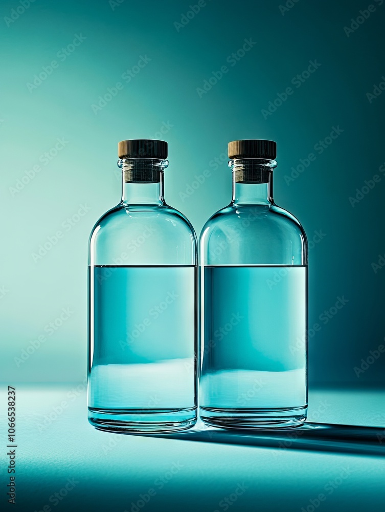 Two bottles of water sitting next to each other on a table Two bottles of water sitting next to each other on a table