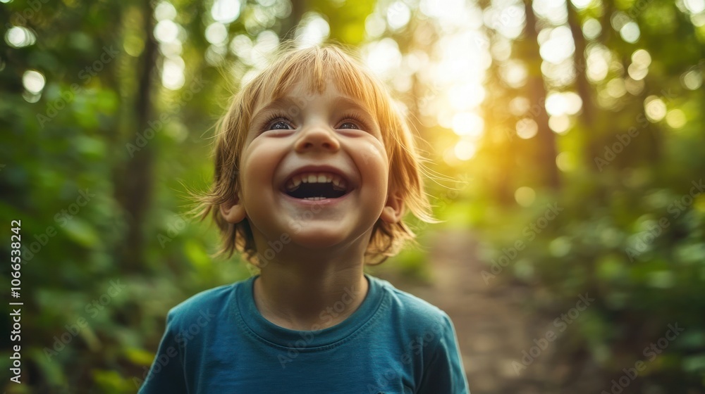 A Young Boy Smiles Brightly in a Forest Setting A Young Boy Smiles Brightly in a Forest Setting