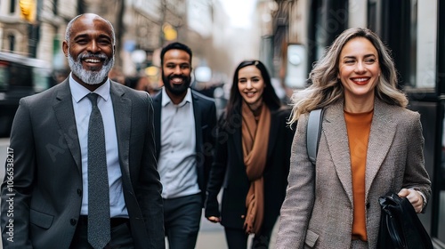 A diverse group of four business professionals walk down the street together, smiling and looking happy.