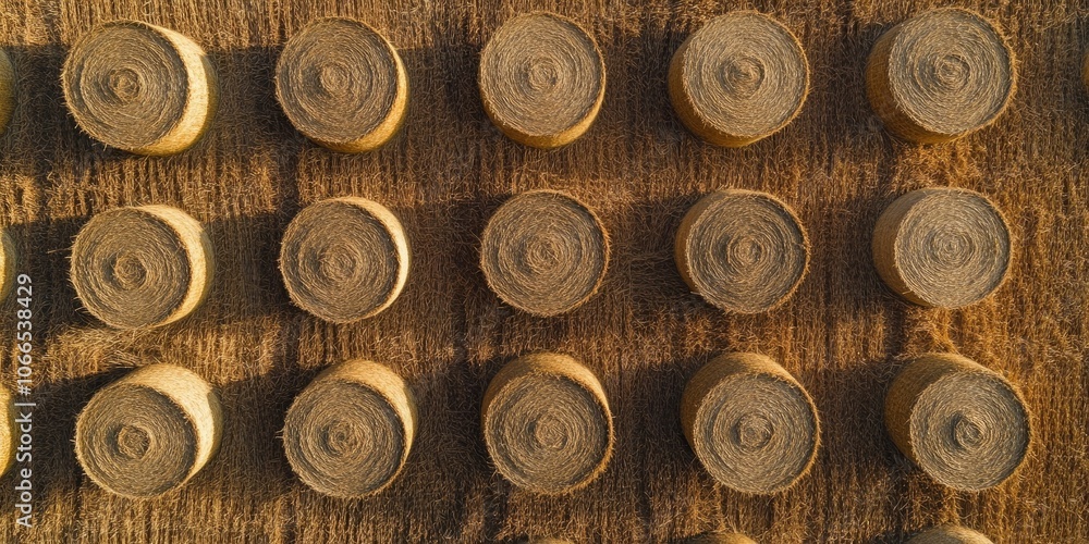 Birds eye perspective showcasing circular straw bales scattered throughout agricultural fields, emphasizing the arrangement of these round bales across the landscape. Birds eye perspective showcasing circular straw bales scattered throughout agricultural fields, emphasizing the arrangement of these round bales across the landscape.