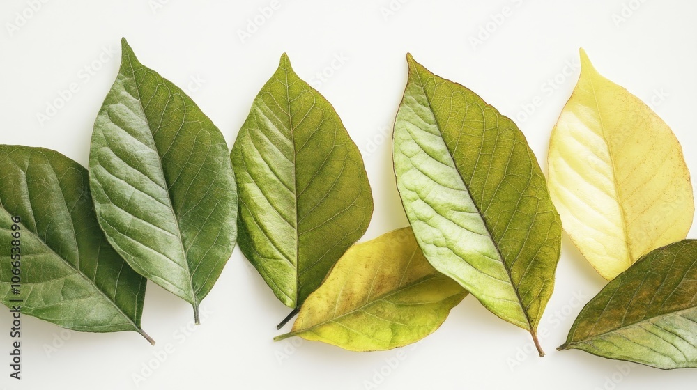 Fototapeta premium Close-up of fresh leaves displayed against a white background, emphasizing the vibrant textures and colors of the fresh leaves for a clean and natural aesthetic. Ideal for botanical themes.