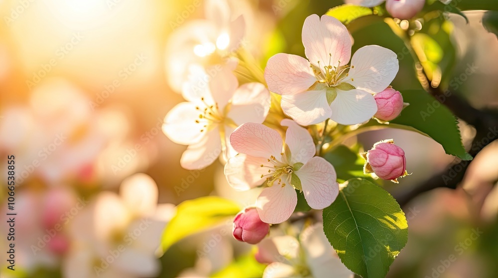 Fototapeta premium Vibrant blossoms illuminated by warm sunshine in a close-up view, highlighting the delicate beauty of nature with ample copy space for your creative needs.