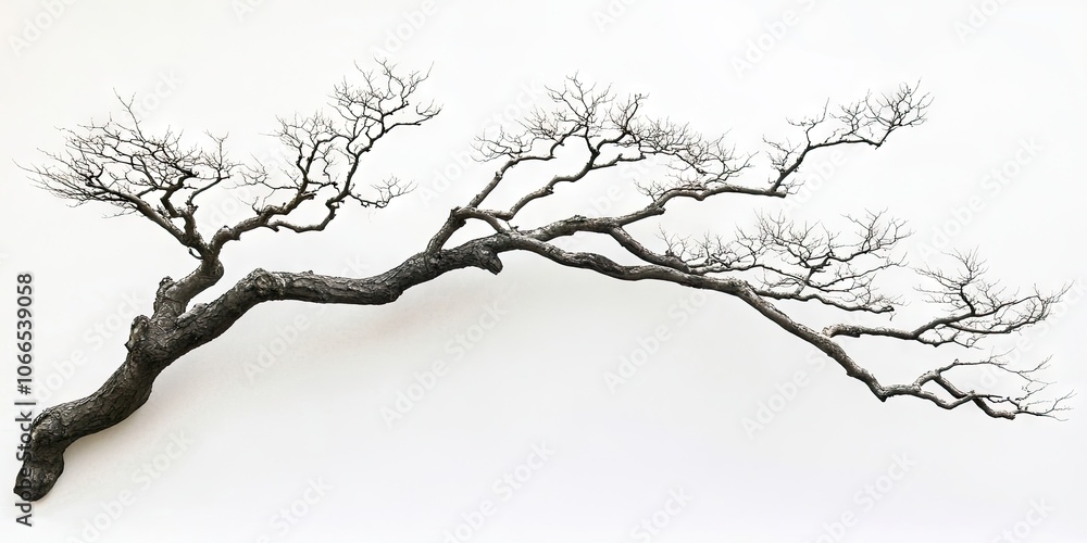 Fototapeta premium Curved and gnarled branches of a tree set against a completely white backdrop create a striking visual contrast with the emptiness of the space surrounding them.