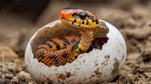 Asiatic Tiger snake hatchling emerging from its egg, displaying vibrant colors and patterns, with ample photo style copy space for text or branding. photo