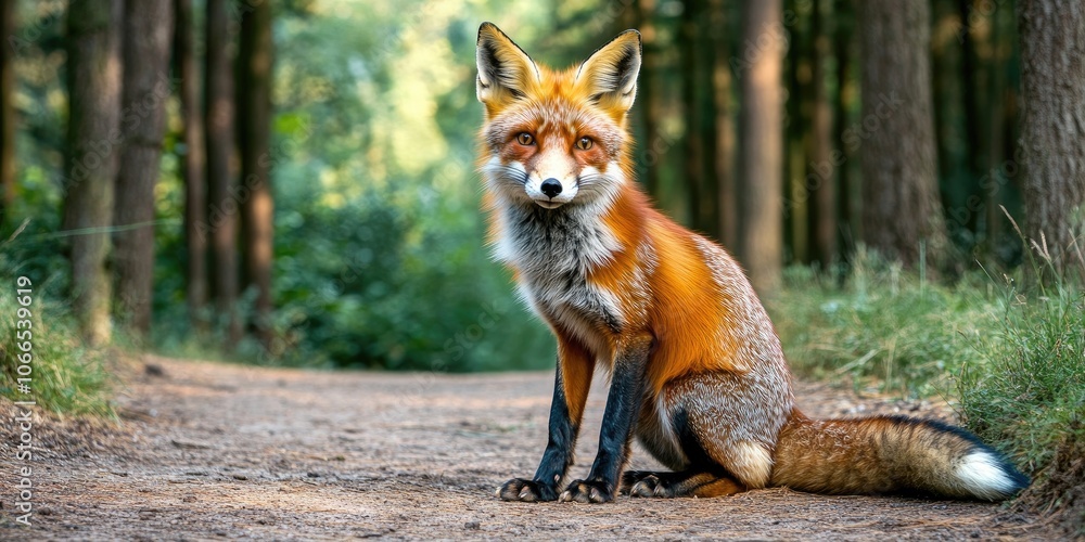 A red fox sits next to a woodland path, gazing directly at the camera while trees create a scenic backdrop in the distance. Its a captivating forest moment. A red fox sits next to a woodland path, gazing directly at the camera while trees create a scenic backdrop in the distance. Its a captivating forest moment.
