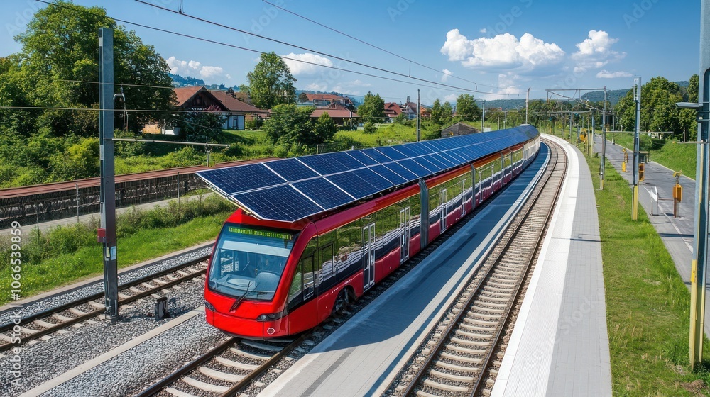 Obraz premium Renewable energy powering public transport, highlighting solar-powered buses and electric trains