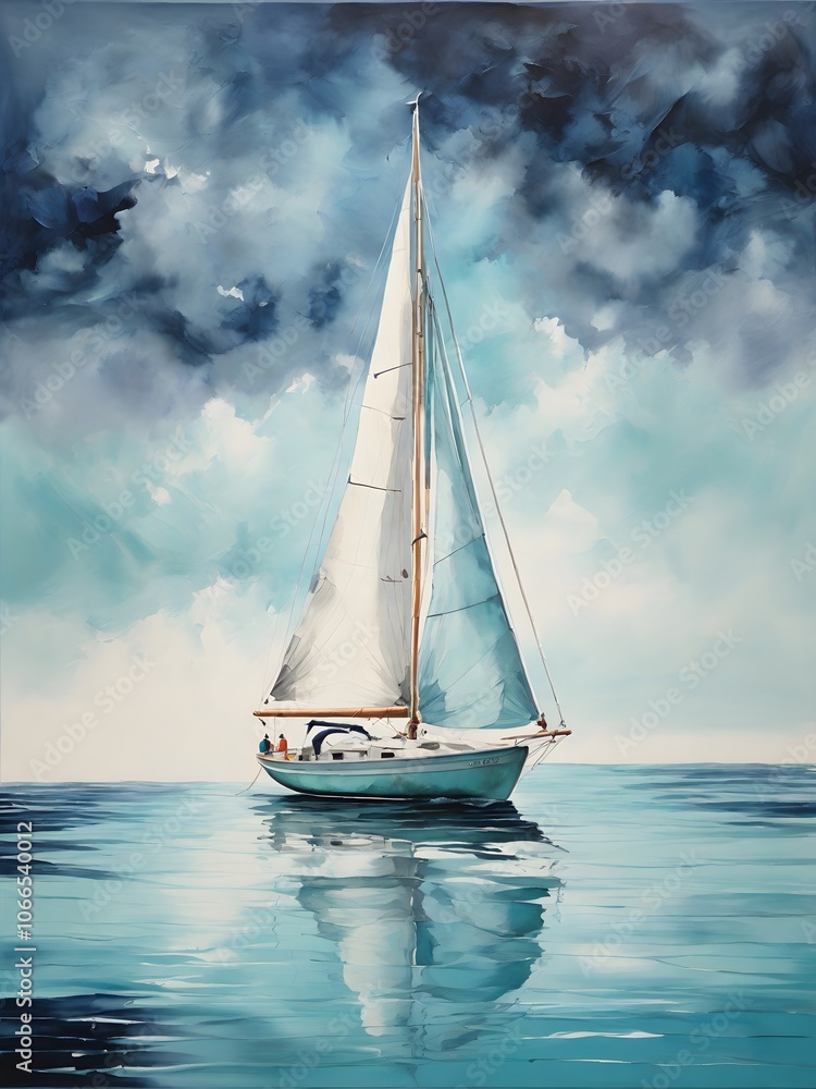 Fototapeta premium Sailing Through the Storm: A Boat Beneath Moody Skies
