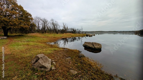 Obraz na płótnie Beautiful autumn lakeside landscape scenery at Coole park nature reserve, Galway, Ireland, tranquil background w salonie