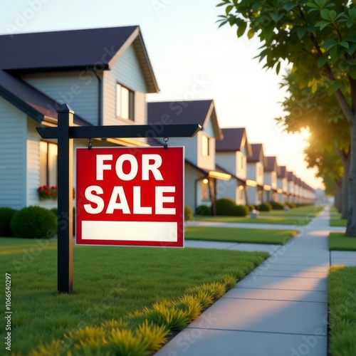 Estate agent 'for sale' sign on street of houses real estate 