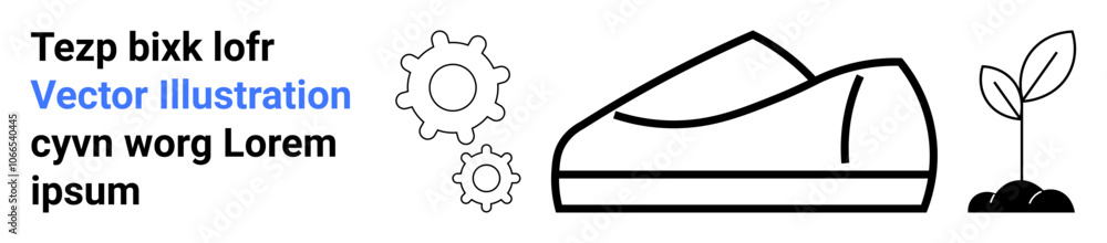 Gear mechanisms, a shoe silhouette, and a small plant sprout on white backdrop. Ideal for technology, innovation, mechanical engineering, footwear industry, sustainability, growth concepts Gear mechanisms, a shoe silhouette, and a small plant sprout on white backdrop. Ideal for technology, innovation, mechanical engineering, footwear industry, sustainability, growth concepts