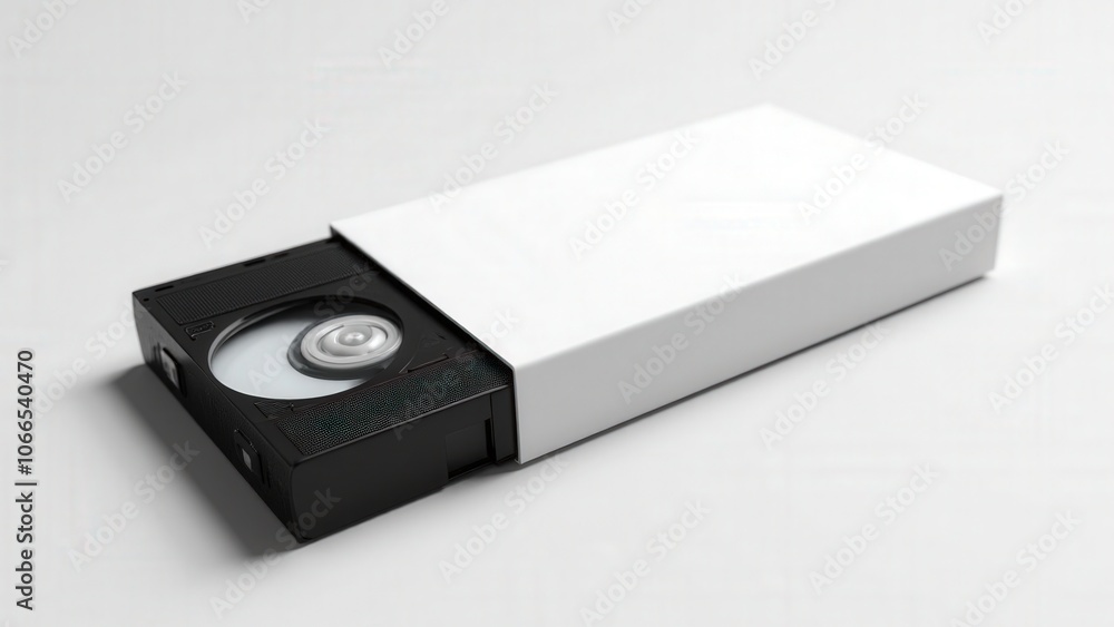 Clean cassette box mockup with a blank sleeve and visible label area for vintage branding. Clean cassette box mockup with a blank sleeve and visible label area for vintage branding.