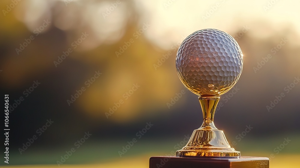 Naklejka premium A gold golf ball trophy on a wooden base with a green field and blurred trees in the background.