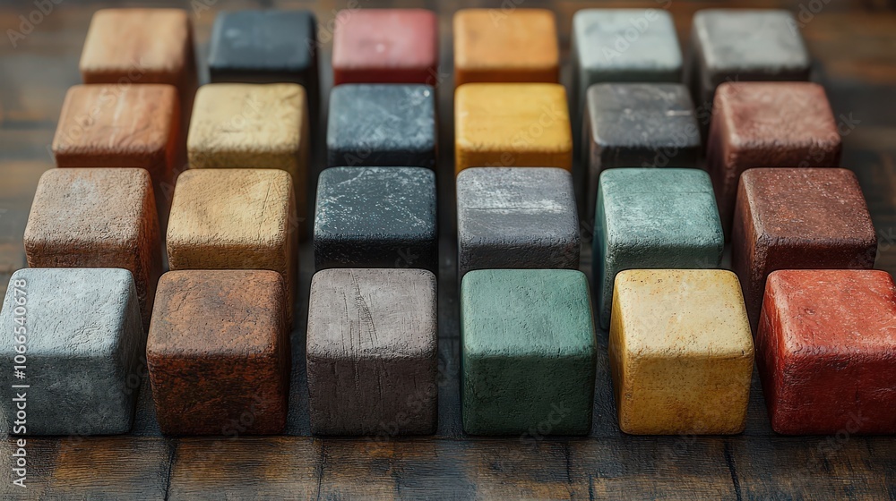 Natural Stone Blocks Displayed in a Sunlit Industrial Studio, Showcasing Varied Textures and Earthy Colors Against a Windowed Background with Greenery Natural Stone Blocks Displayed in a Sunlit Industrial Studio, Showcasing Varied Textures and Earthy Colors Against a Windowed Background with Greenery