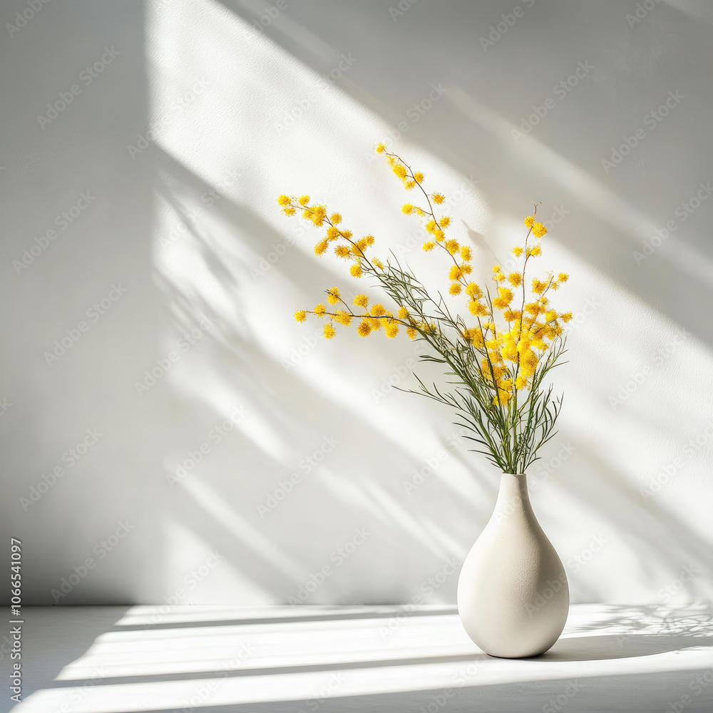 Mimosa branches in a vase on the floor in the sunlight from the window, isolated, on a white background. Stylish composition for interior decor, illustration, creative template for a postcard, print o Mimosa branches in a vase on the floor in the sunlight from the window, isolated, on a white background. Stylish composition for interior decor, illustration, creative template for a postcard, print o