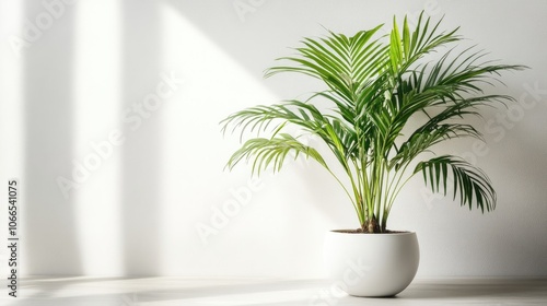 Minimalist indoor plant arrangement displayed in a sleek white pot enhances the aesthetic of any space, providing a fresh and clean look with ample photo style copy space.