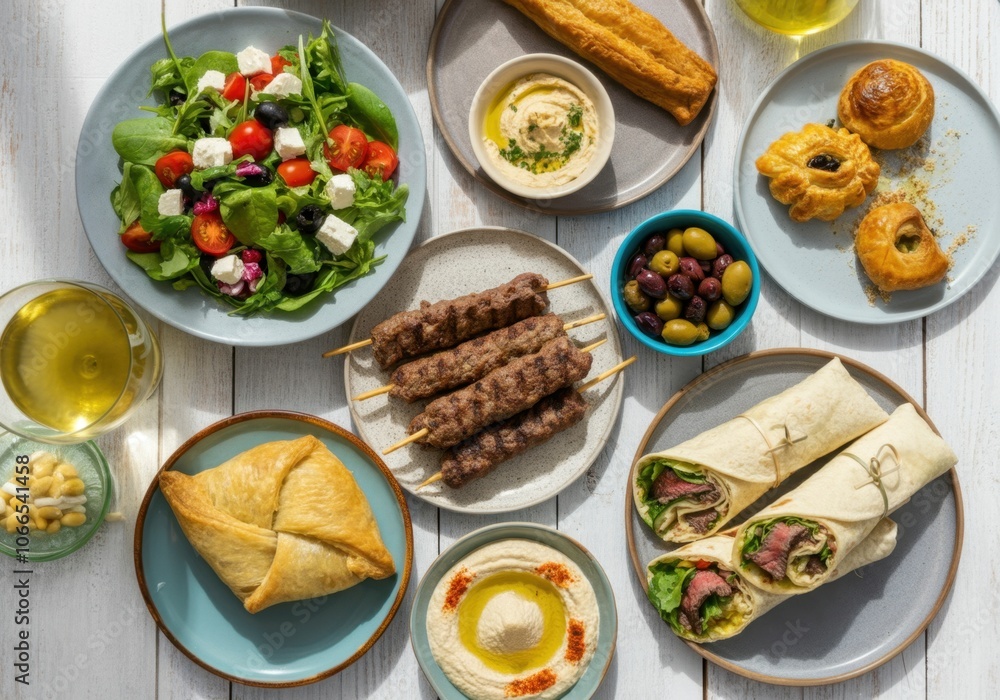 A vibrant and colorful Mediterranean feast featuring a variety of dishes. A vibrant and colorful Mediterranean feast featuring a variety of dishes.