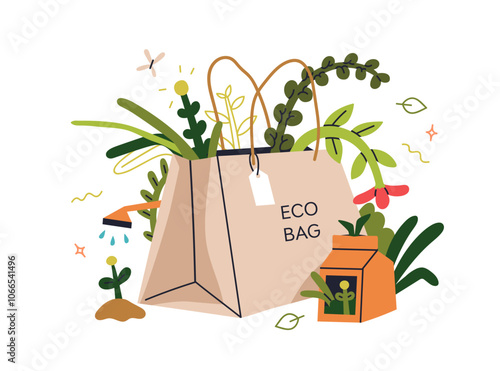 Eco-friendly paper bag, green leaf, plants, flowers. Green bio recycled shopp...