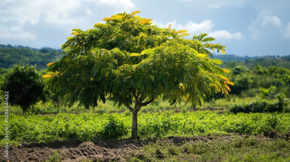 Tamarind tree flourishing in a farm setting, highlighting tropical fruit and focusing on tamarind agriculture. The image includes ample copy space for additional text. Tamarind tree flourishing in a farm setting, highlighting tropical fruit and focusing on tamarind agriculture. The image includes ample copy space for additional text.