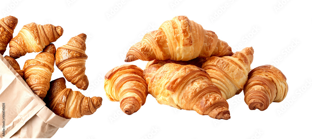 Deliciously flaky and golden croissants overflowing from a paper bag, making them perfect for breakfast or brunch. Isolated on white transparent background Deliciously flaky and golden croissants overflowing from a paper bag, making them perfect for breakfast or brunch. Isolated on white transparent background