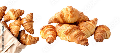 Deliciously flaky and golden croissants overflowing from a paper bag, making them perfect for breakfast or brunch. Isolated on white transparent background photo