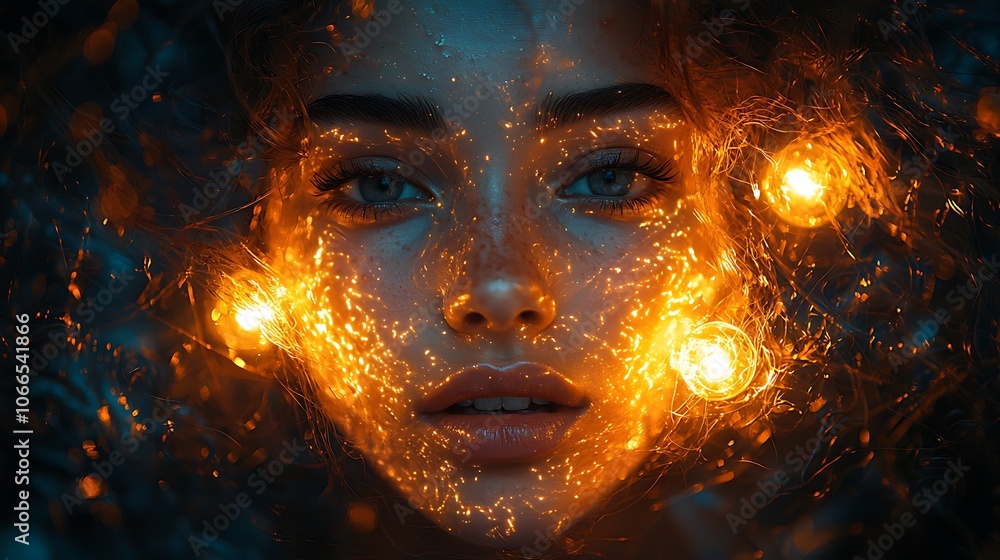 Woman's Face Glowing with Golden Sparks and Lights Woman's Face Glowing with Golden Sparks and Lights