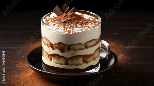 Individual tiramisu glass dessert with chocolate