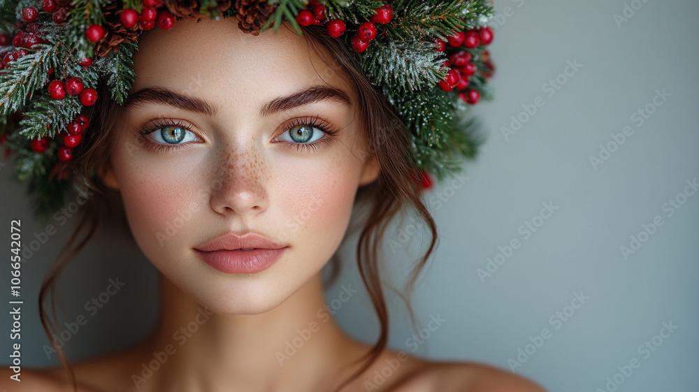 A young woman with a Christmas wreath on her head. A young woman with a Christmas wreath on her head.