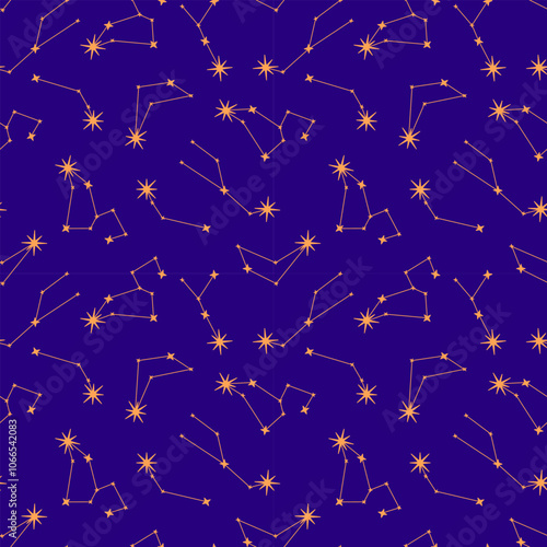 Space sky celestial seamless pattern with map of star constellations, sparks. Dark night sky background with silhouettes of taurus, leo, cancer, aries, capricorn constellations