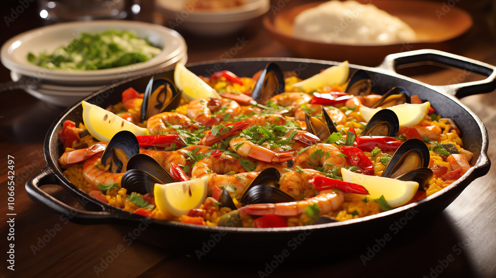 Colorful seafood paella in traditional pan