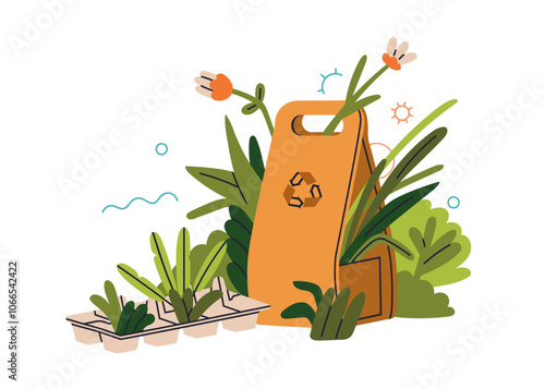 Eco-friendly paper bags, packs and green leaf plants, flowers. Natural bio package. Sustainable shopping. Zero-waste and conscious consumption. Flat vector illustration isolated on white background