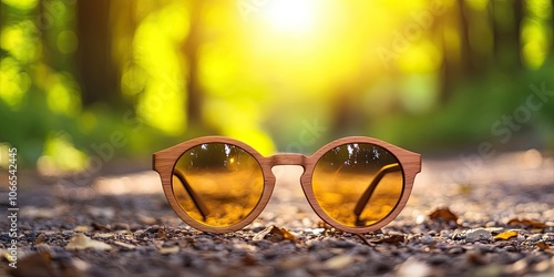 Wallpaper Mural Wooden eyewear rests on the ground, illuminated by a bright, sunny backdrop, creating a cheerful and warm ambiance around the glasses. Torontodigital.ca