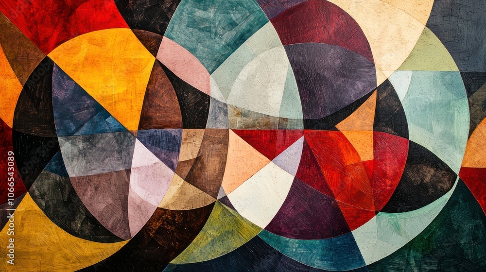 Fototapeta premium an artwork using geometric shapes--triangles, circles, and polygons--that intersect and overlap. Play with transparency and color contrasts to create depth and visual interest.