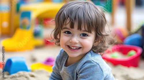 A Close-Up Portrait of a Happy Little Girl Playing in a Sandbox