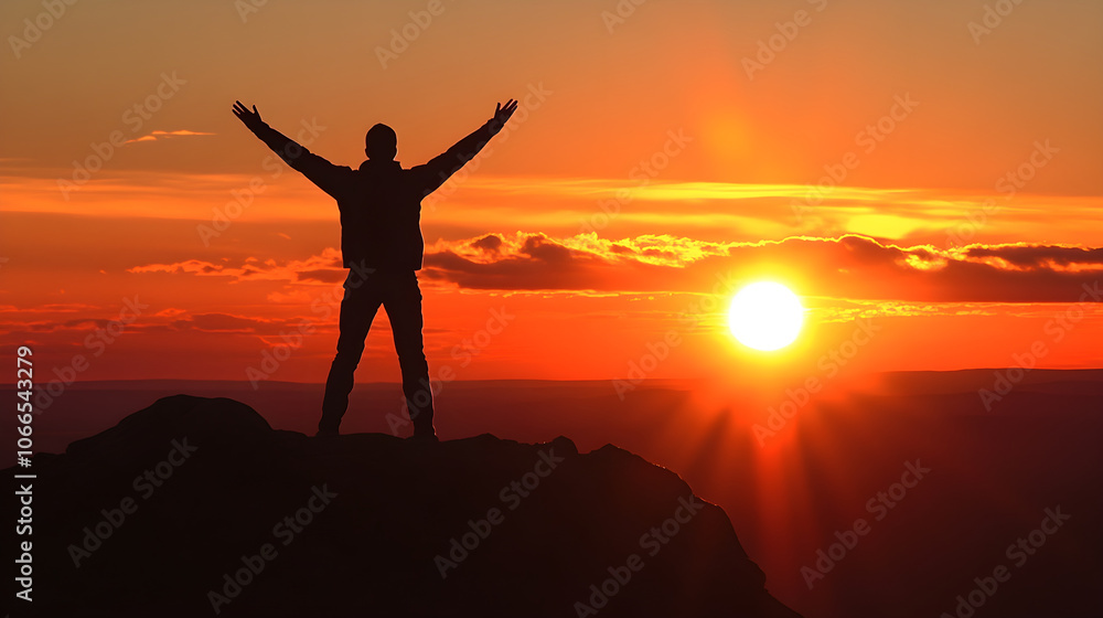 person with raised arms on mountaintop at sunset, feeling triumphant person with raised arms on mountaintop at sunset, feeling triumphant