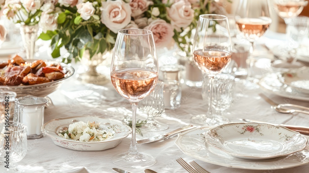 An elegant dining table setting with rose wine glasses and gourmet dishes, perfect for a special occasion. An elegant dining table setting with rose wine glasses and gourmet dishes, perfect for a special occasion.