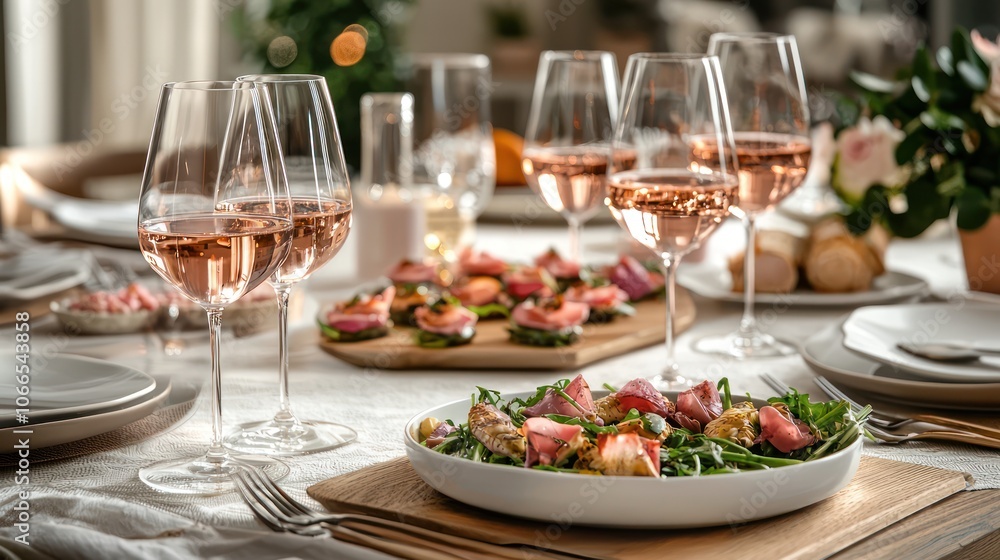 An elegant dining table setting with rose wine glasses and gourmet dishes, perfect for a special occasion An elegant dining table setting with rose wine glasses and gourmet dishes, perfect for a special occasion