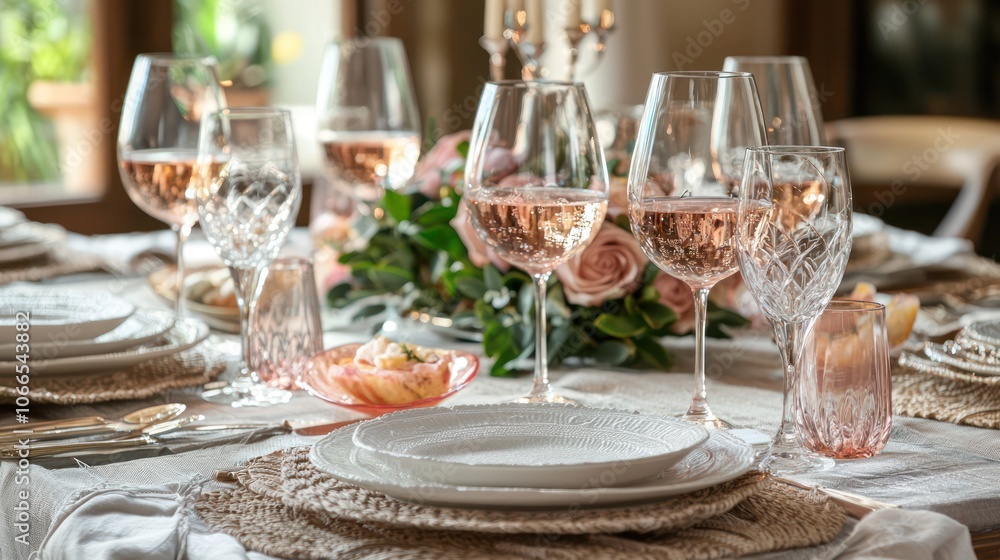 An elegant dining table setting with rose wine glasses and gourmet dishes, perfect for a special occasion An elegant dining table setting with rose wine glasses and gourmet dishes, perfect for a special occasion