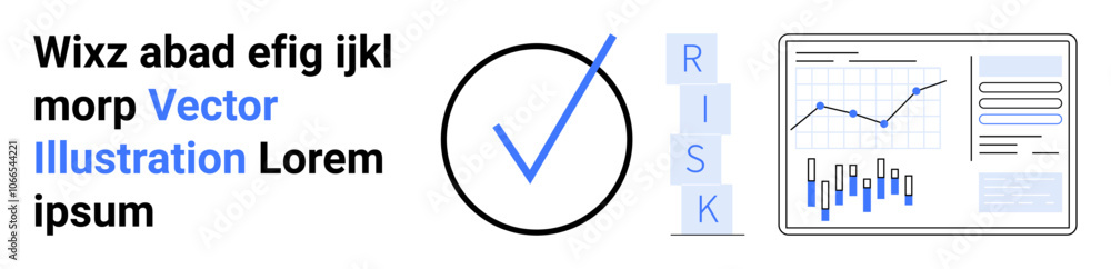 Text in black, blue checkmark inside a circle, letters RISK stacked vertically, and analytics charts showing graphs and bar charts. Ideal for data analysis, risk management, business presentations Text in black, blue checkmark inside a circle, letters RISK stacked vertically, and analytics charts showing graphs and bar charts. Ideal for data analysis, risk management, business presentations