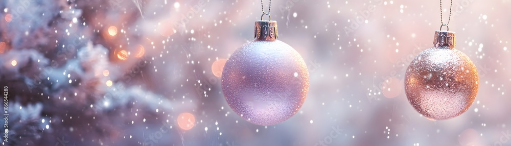 Two Shiny Christmas Ornaments Hanging in a Snowy Winter Wonderland Two Shiny Christmas Ornaments Hanging in a Snowy Winter Wonderland