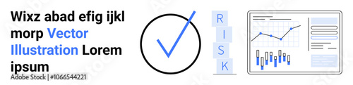 Text in black, blue checkmark inside a circle, letters RISK stacked vertically, and analytics charts showing graphs and bar charts. Ideal for data analysis, risk management, business presentations