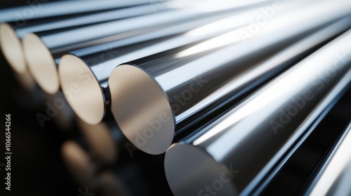 Close-Up of Polished Metal Tubes with a Reflective Surface, Aligned in Parallel in a Modern Industrial Setting, Highlighting Sleek Metallic Finish and Precision