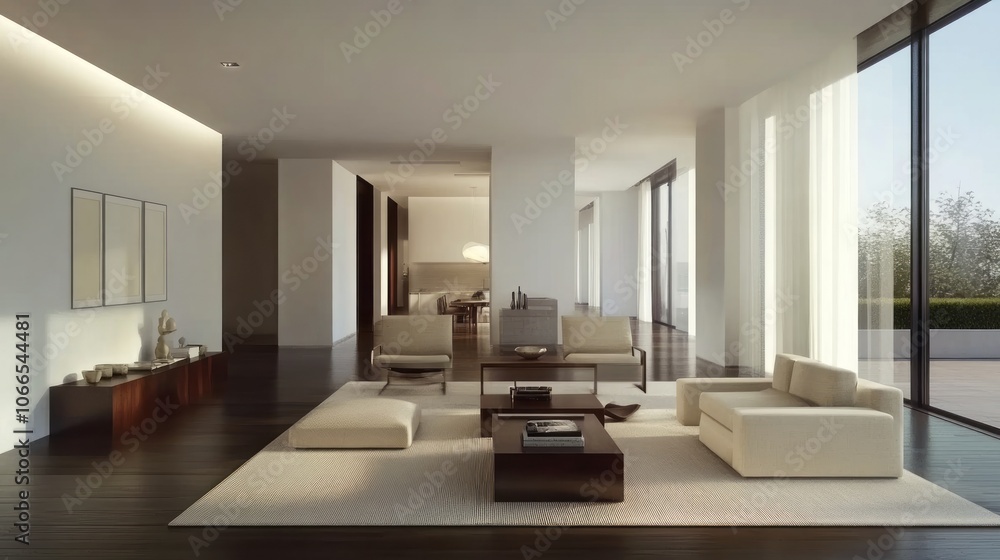 Fototapeta premium Modern Living Room Interior with Large Windows and Neutral Colors