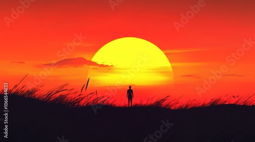 an illustration of a person or an object silhouetted against a vibrant sunset. 