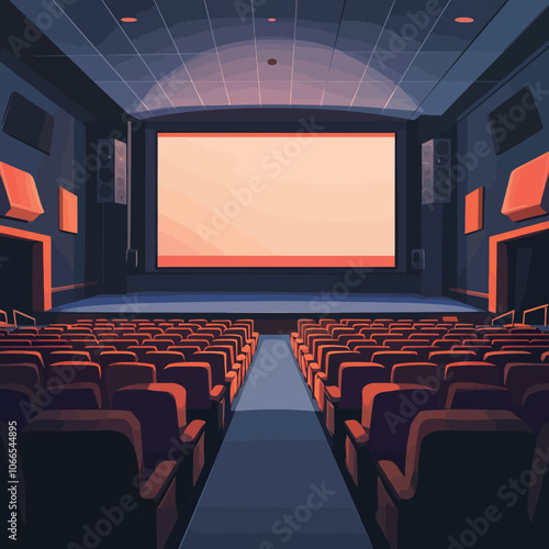 Cinema auditorium with seats and blank screen. Vector illustration 