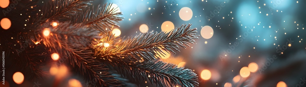 A Pine Branch with Warm Lights and Bokeh in the Background A Pine Branch with Warm Lights and Bokeh in the Background