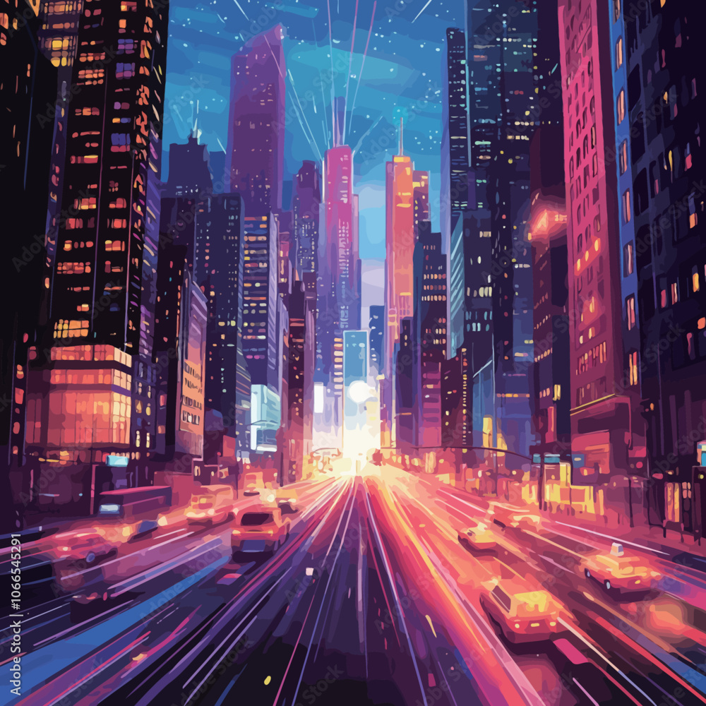 Fototapeta premium City at night with light trails. Vector illustration.