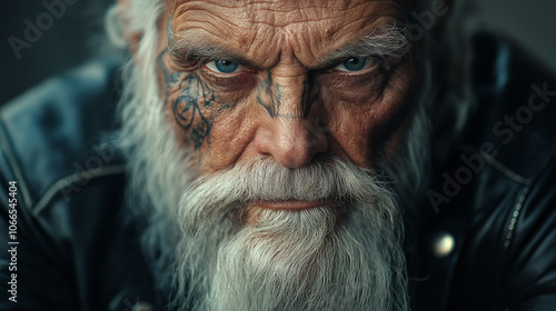 Tattooed elderly man with a long white beard and intricate facial tattoos, wearing a vintage leather jacket